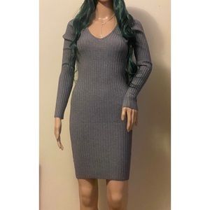 Grey V-Neck Long Sleeve Ribbed Knit Sweater Dress